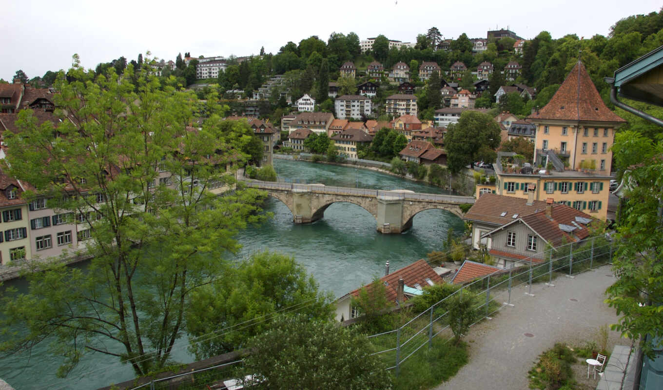 house, Bridge, river, Switzerland, bern