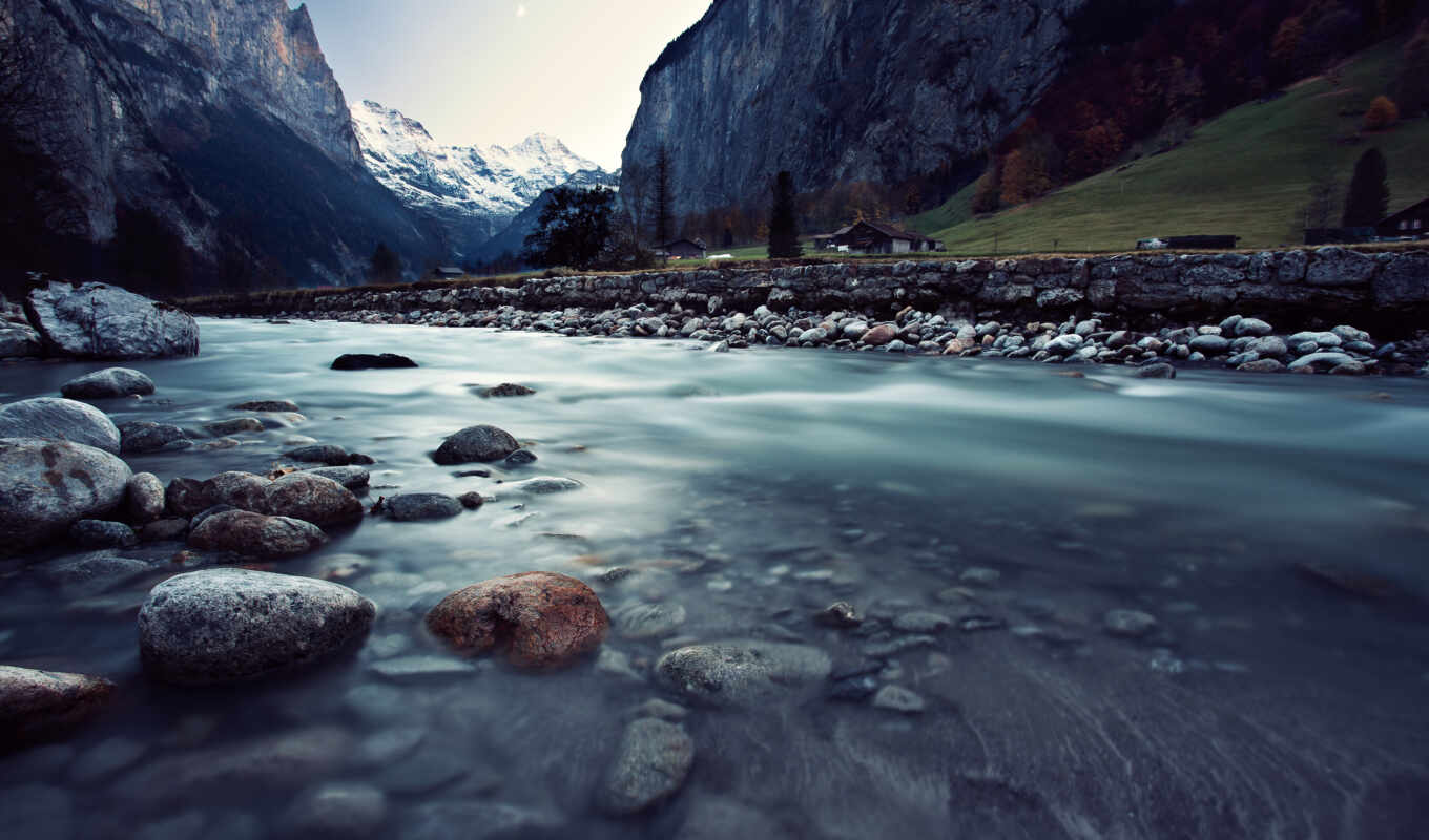 mountains, at home, stones, river, flow