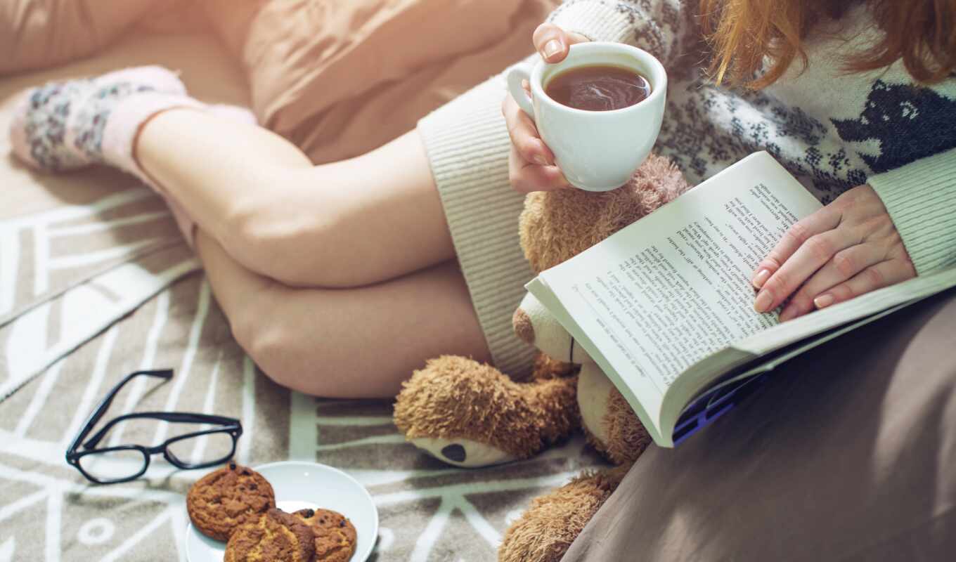 девушка, женщина, coffee, книга, кровать, который, день, cup, настроение