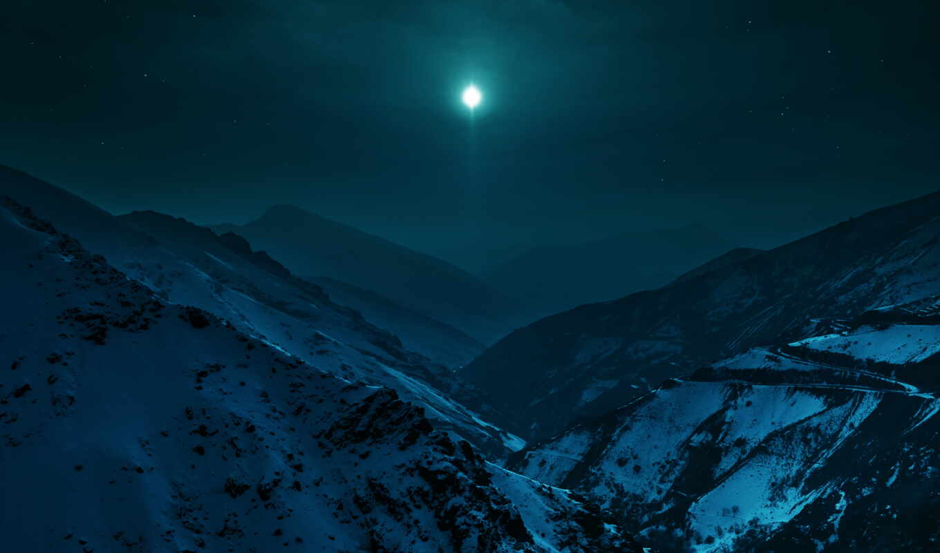 nature, sky, with, night, moon, mountain, mountains, snowy