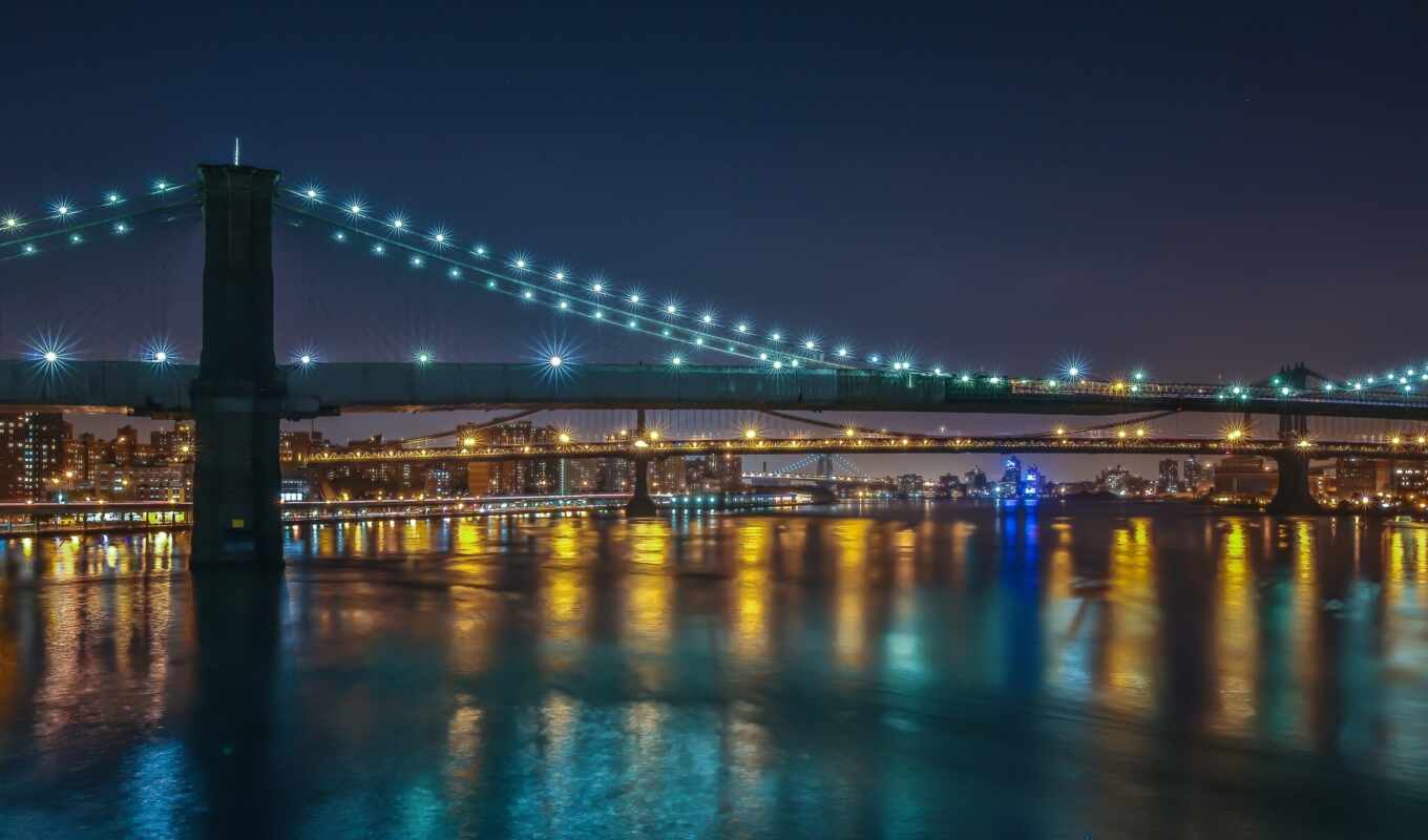 new, city, night, Bridge, lights, new, brooklyn, river, york