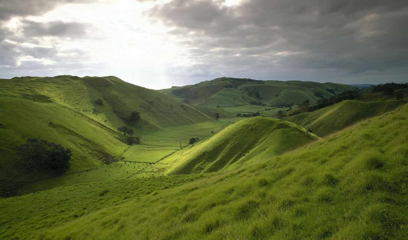 природа, небо, зелёный, трава, красивые, поле, холмы