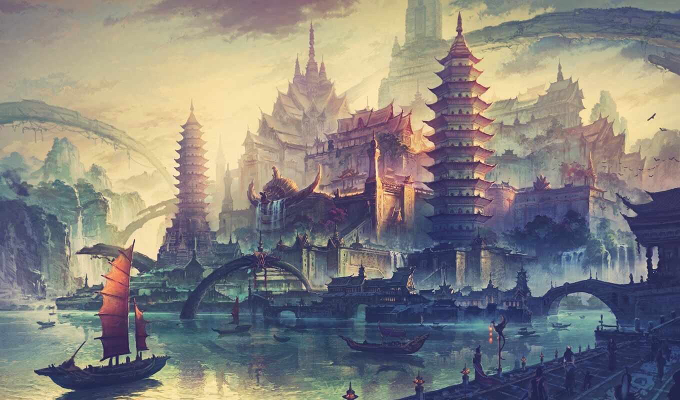 art, коллекция, город, лучшая, fantasy, корабли, китаянка