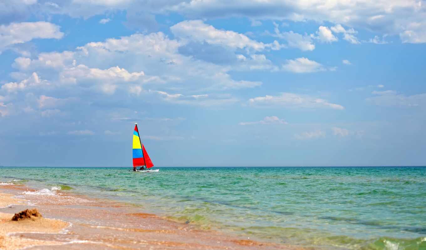 красочные, пляж, море, sailboat, stokovyi