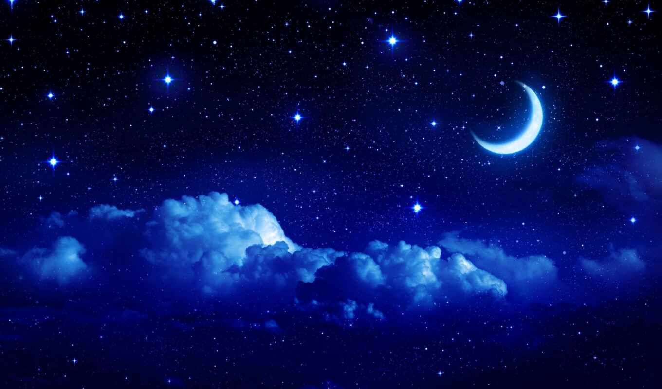sky, large format, night, moon, month, crescent moon, fairy tale, widescreen, cloud, fullscreen, stars