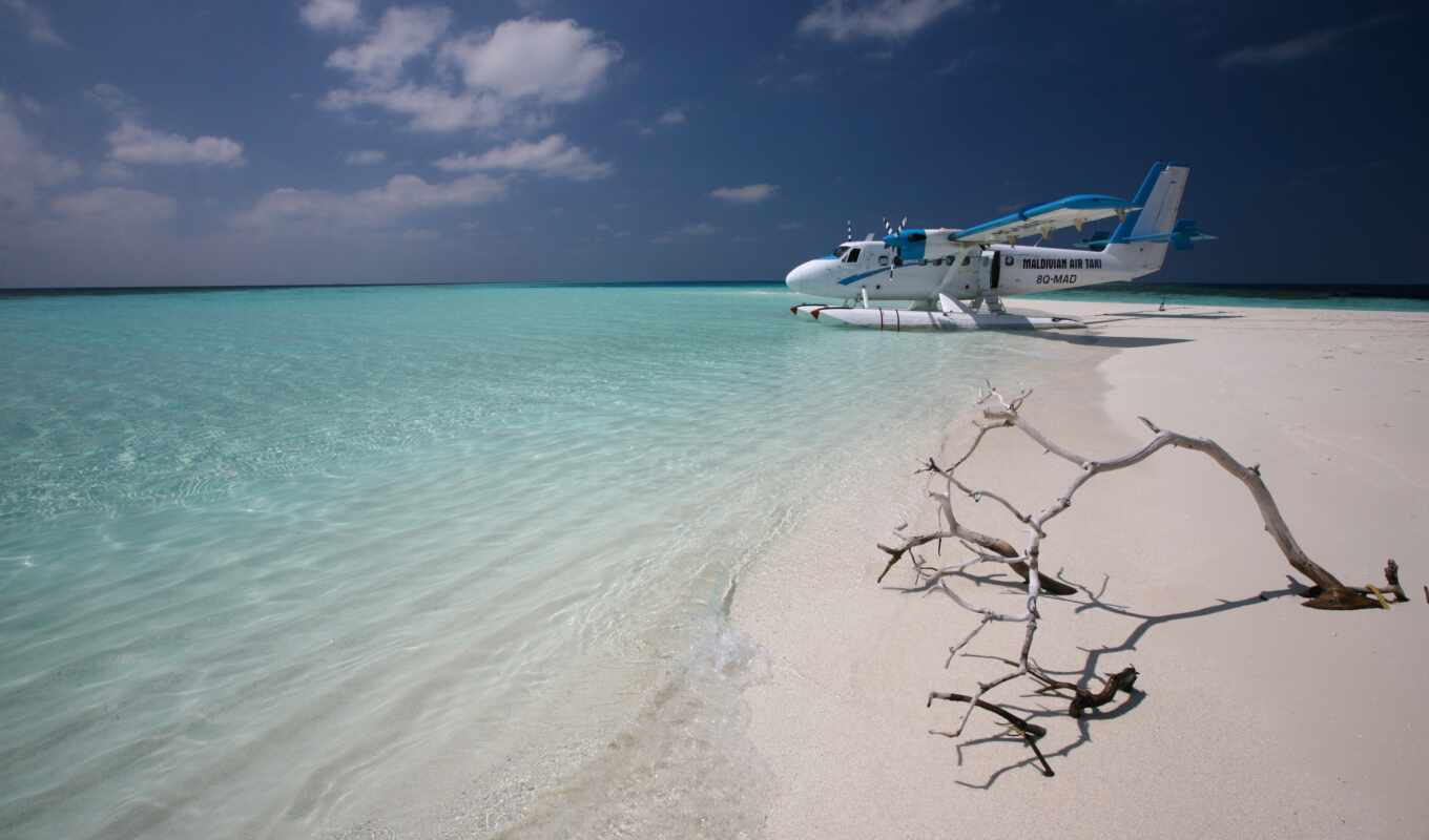 plane, beach, sea, sand, island, ocean, taxi, maldives
