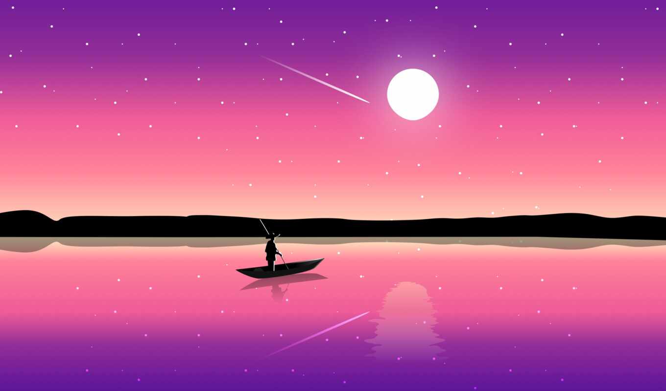 resolution, graphics, creative, sunset, moon, deck, landscape, mouth, a boat, illustration, flat