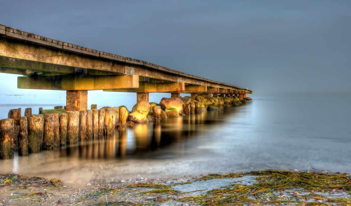 sunset, Bridge, add, the original, your, horizon, wooden, pier, concrete