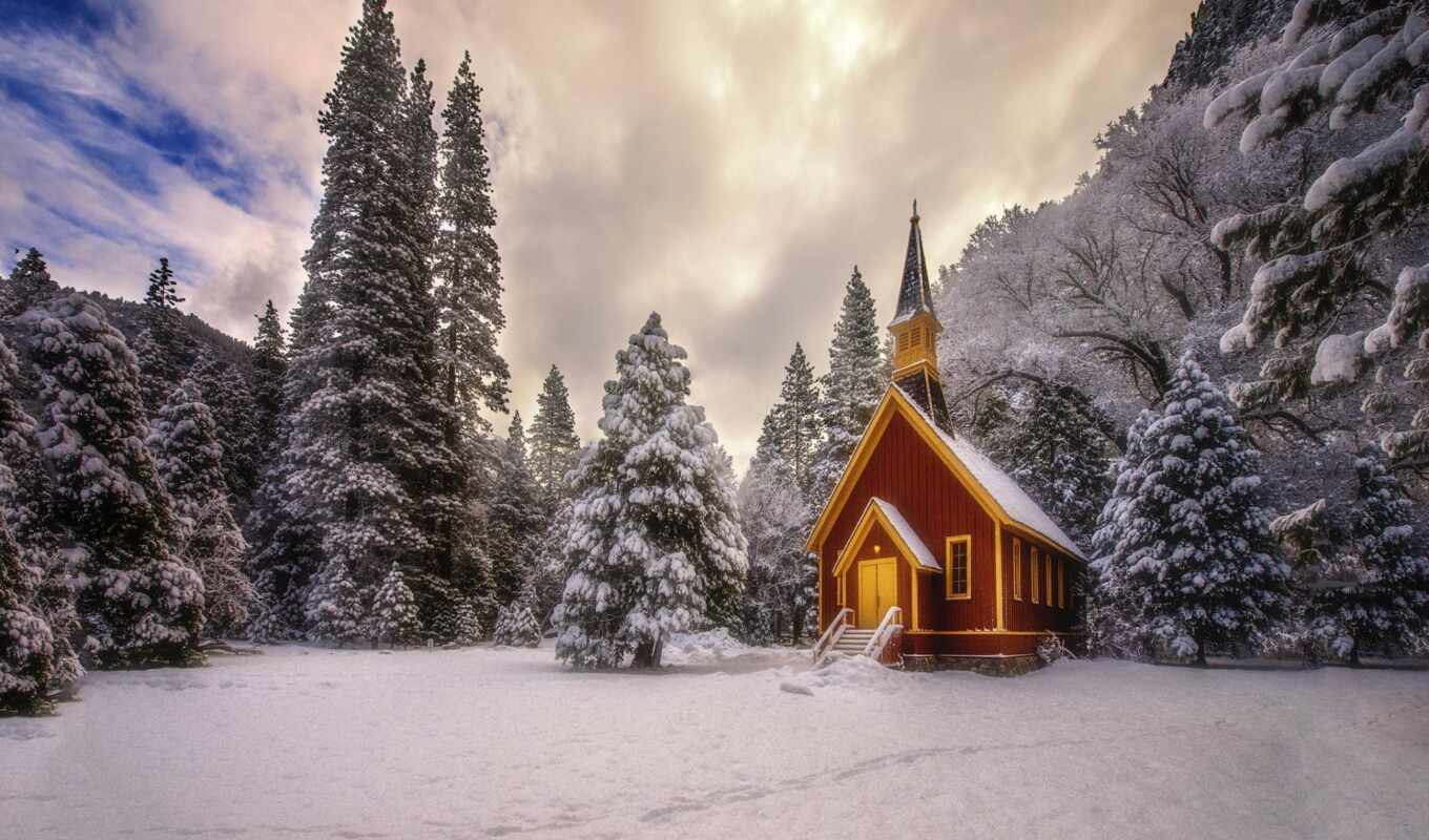природа, дерево, снег, winter, гора, landscape, облако, красивый, yosemite, church