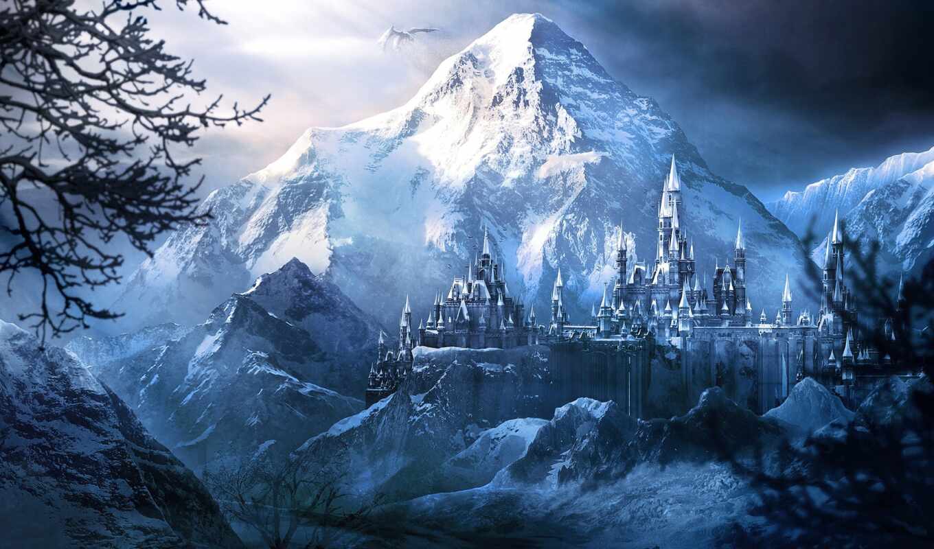 art, снег, winter, гора, landscape, fantastic, fantasy, fortress, qish