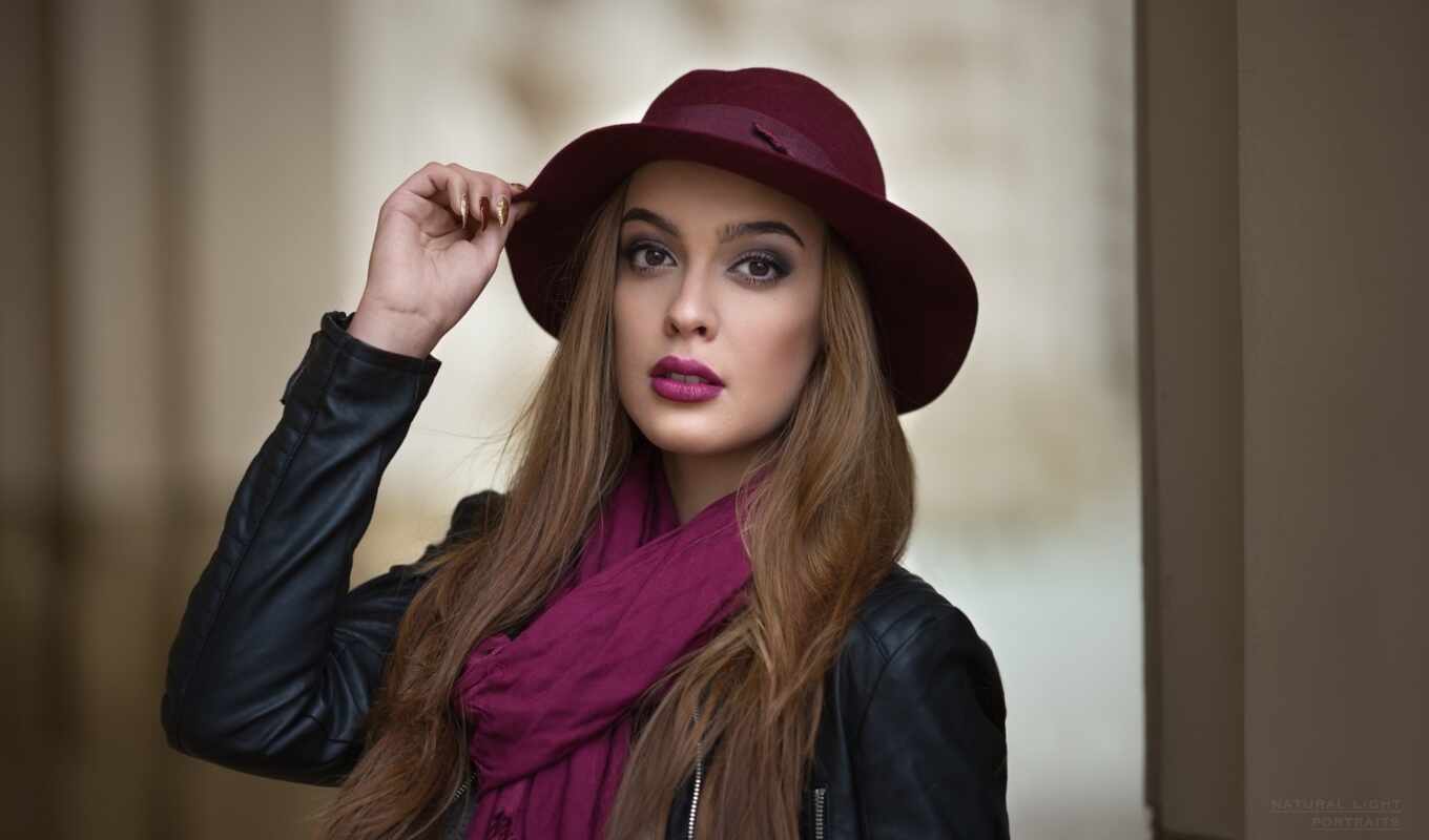 hat, purple, model, tapety, lipstick, blouse, scarf, Miscellaneous