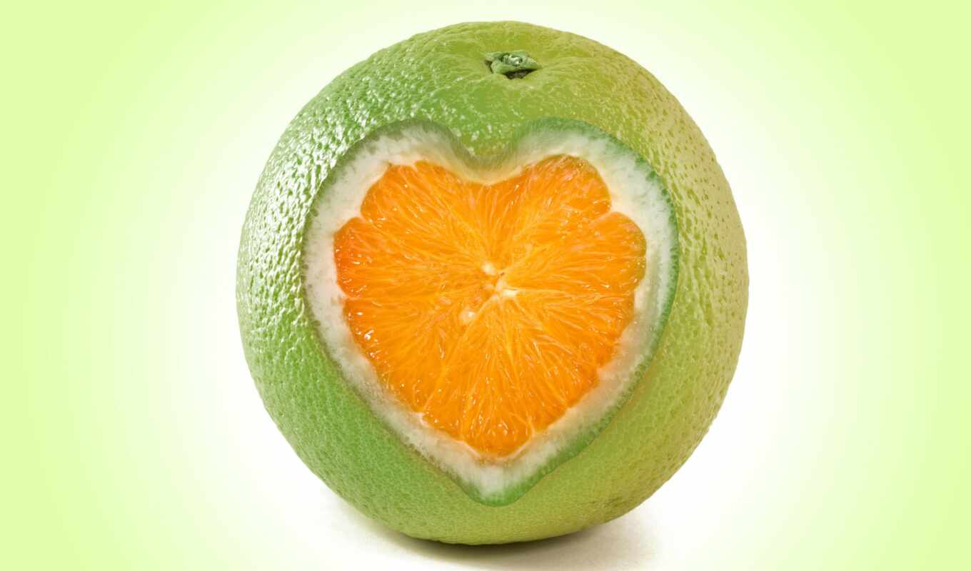 зелёный, rendering, сердце, плод, оранжевый