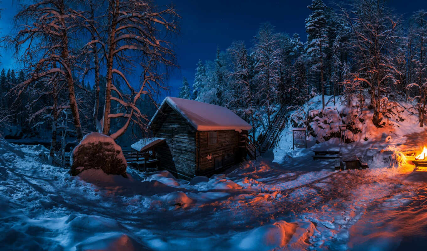 house, ночь, снег, winter, лес, fore