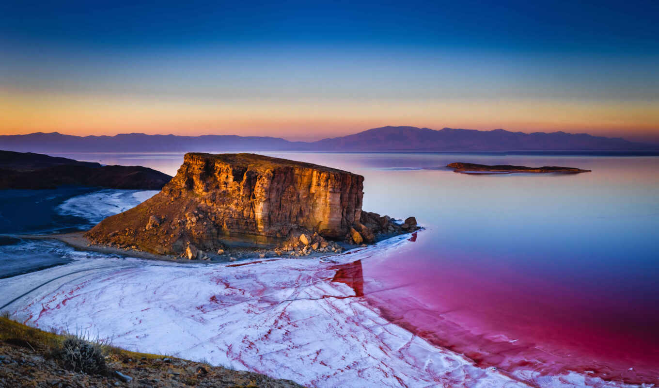 lake, rock, sunrise, iran, urmia