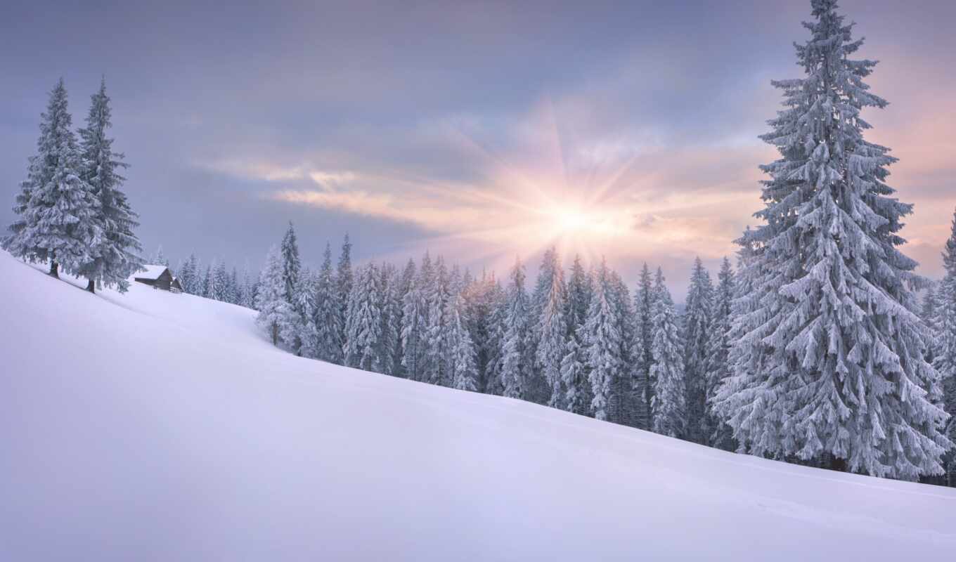 природа, небо, sun, снег, winter, лес, заставки, lodge, разделе, красиво