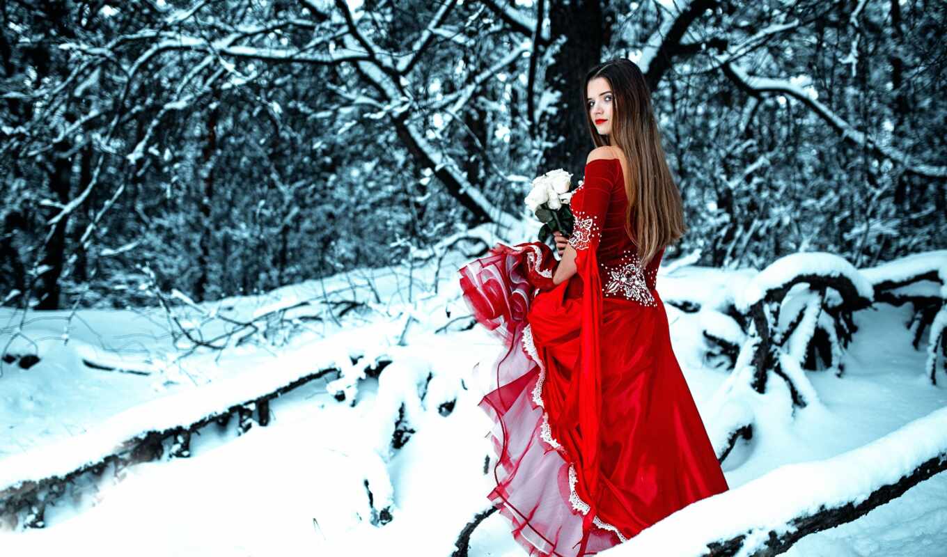 girl, snow, winter, forest