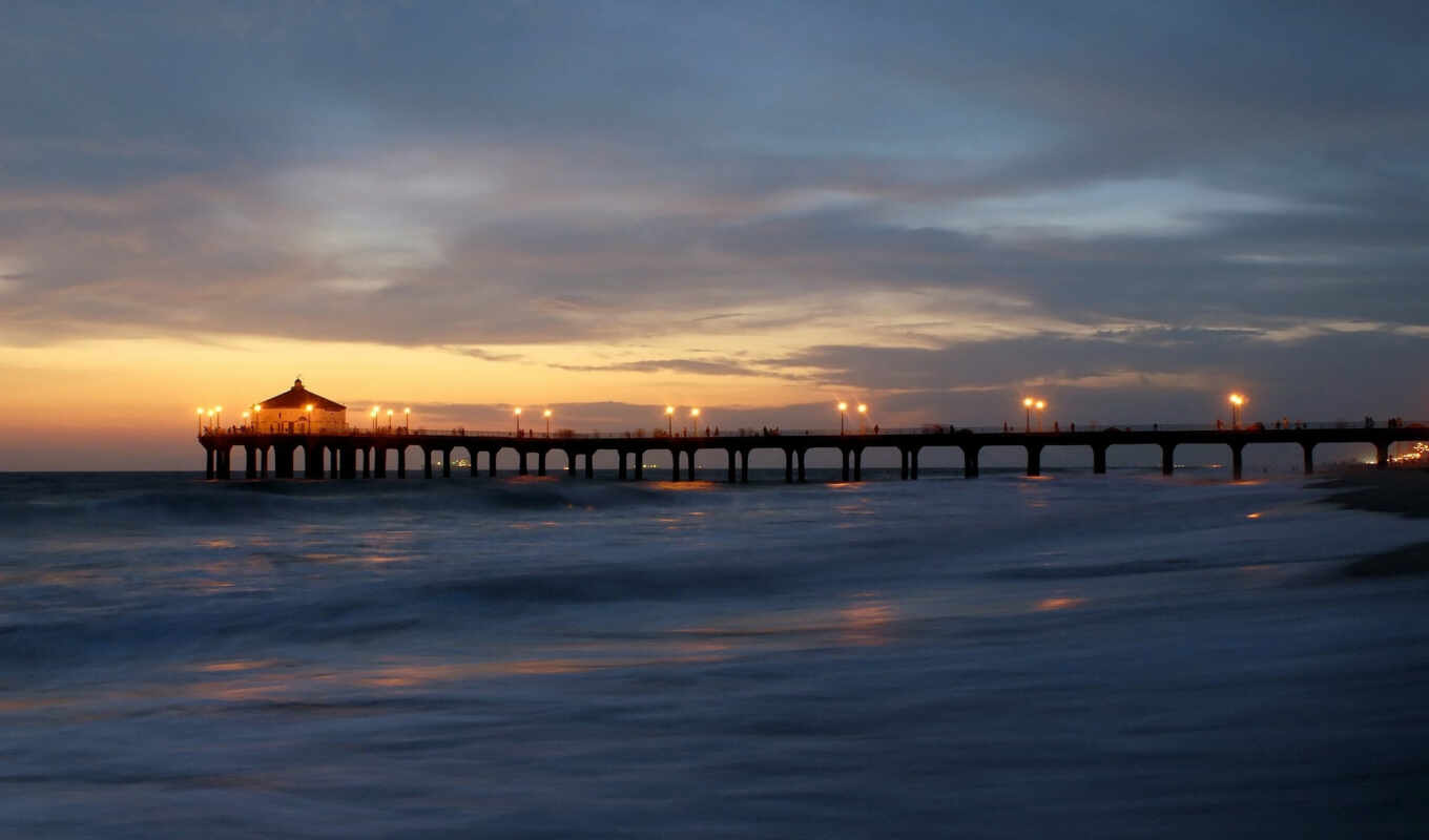 picture, evening, pier, bridge, lanterns, an