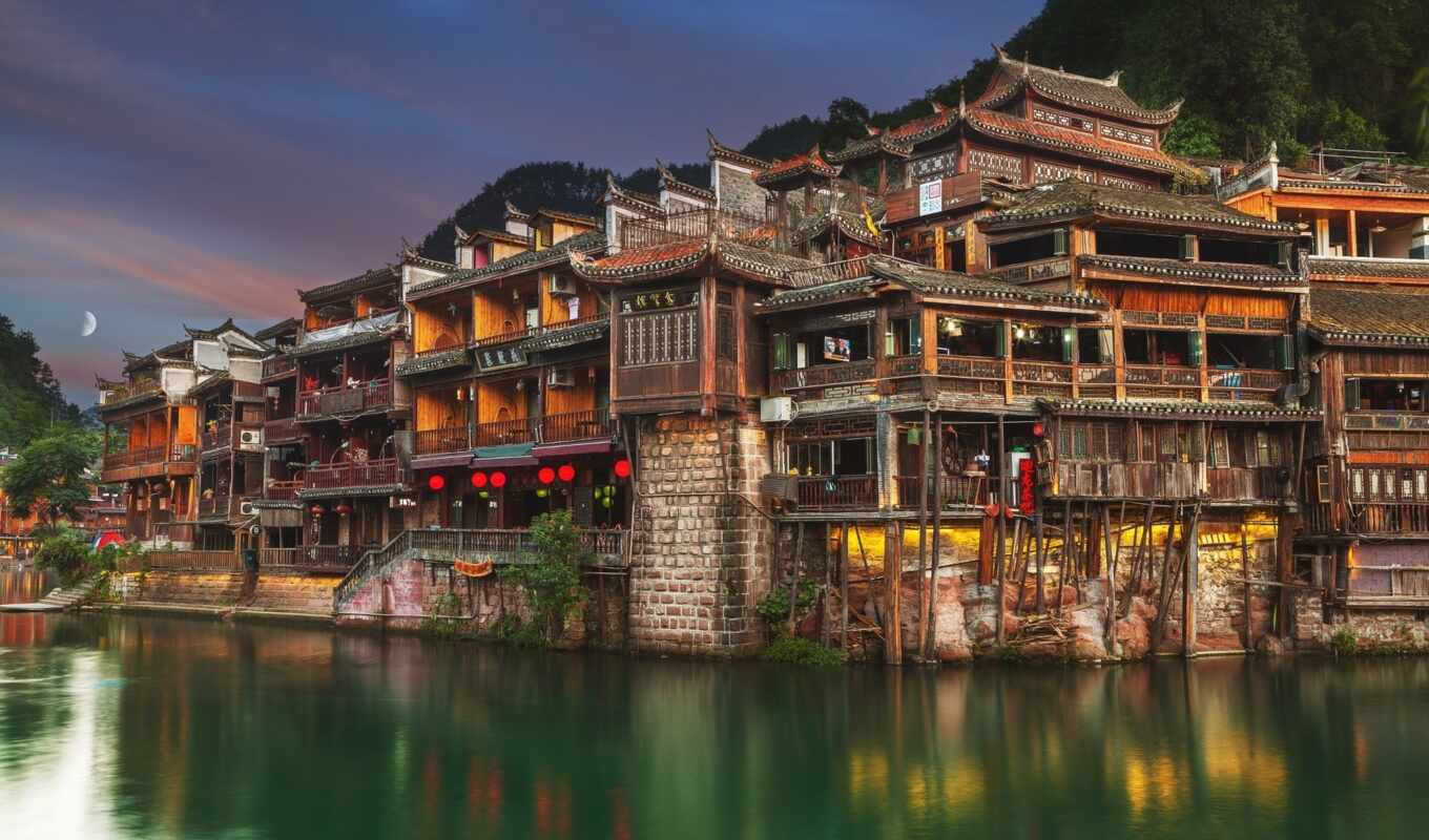 collection, landscapes-, city, temple, hong, old, vintage, megacities, fenghuang