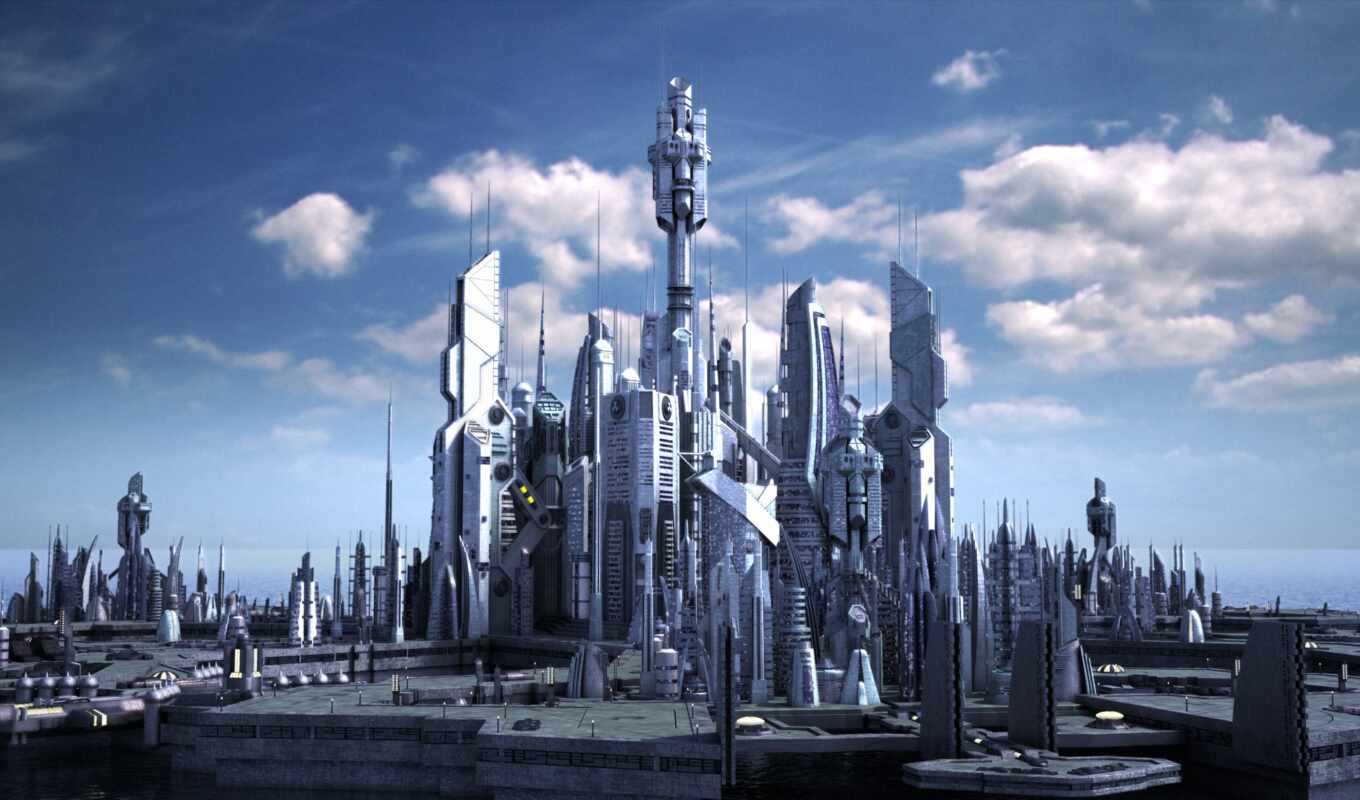 art, фантастика, digital, город, fantasy, science, build, futuristic, небоскрёб, звездные врата, атлантис