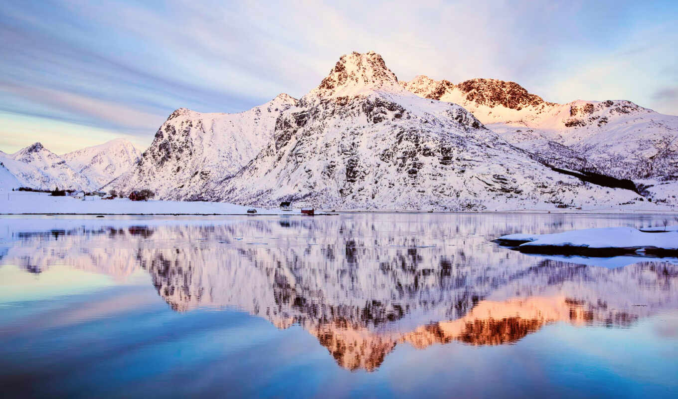 горы, winter, снег, norwegian, небо, отражения, fjord, озеро, flakstadøya, лес, 
