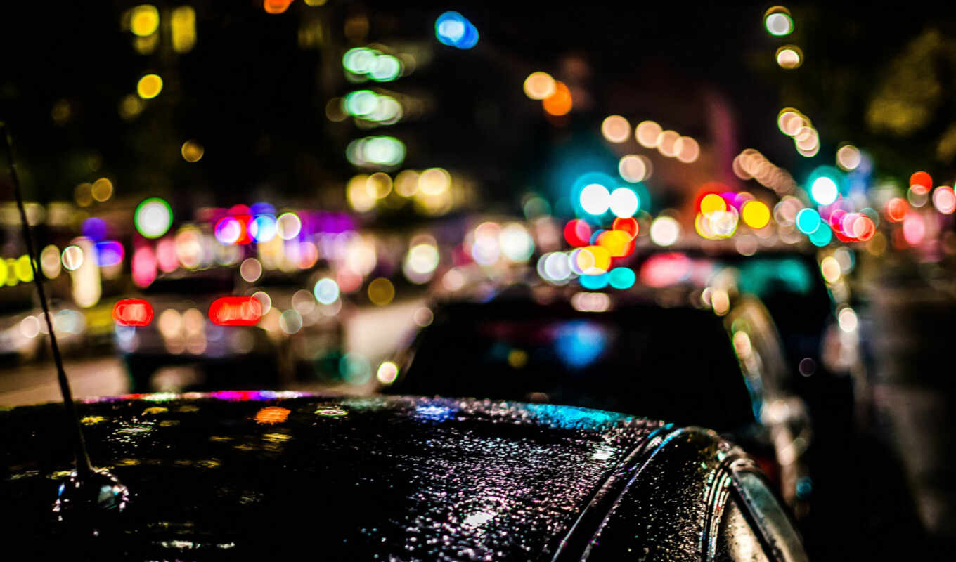 дождь, город, ночь, огни, боке, машины