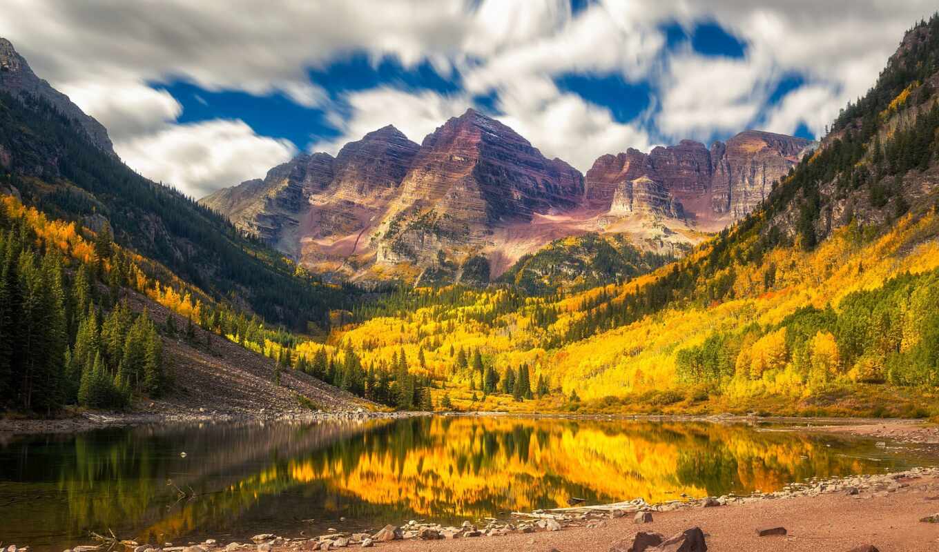 озеро, гора, landscape, осень, peak, склянки, amarillo, бардовый, fore, tapetum
