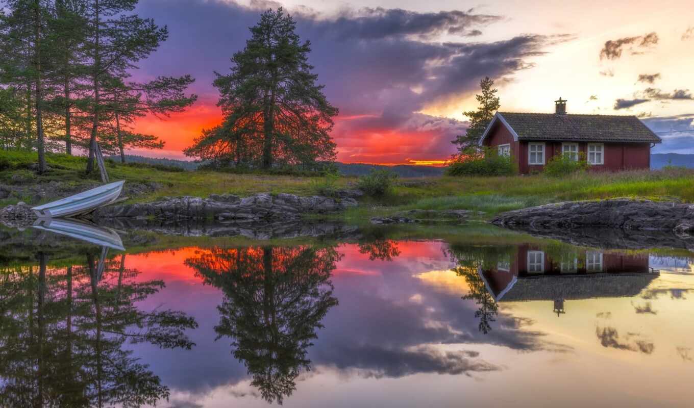 озеро, art, house, закат, красивые, trees, отражение, лодка, норвегия, norwegian, кольцевой велосипед