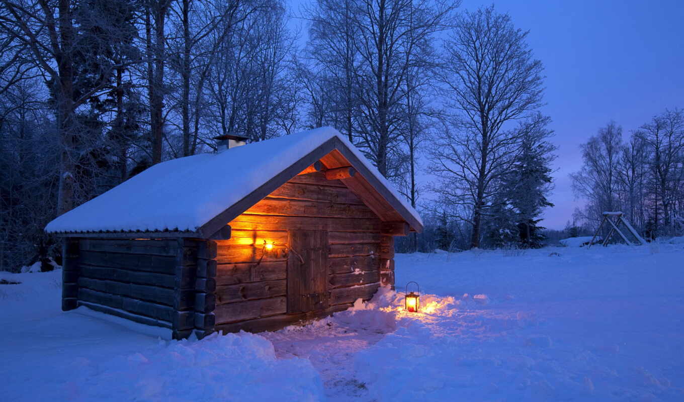 house, light, tree, night, snow, winter, forest, landscape, lodge, sweden