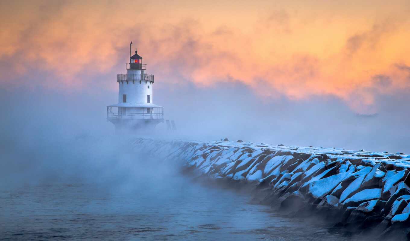 desktop, frost, sunrise, sea, lighthouse, pier, morning, south, subject, portland