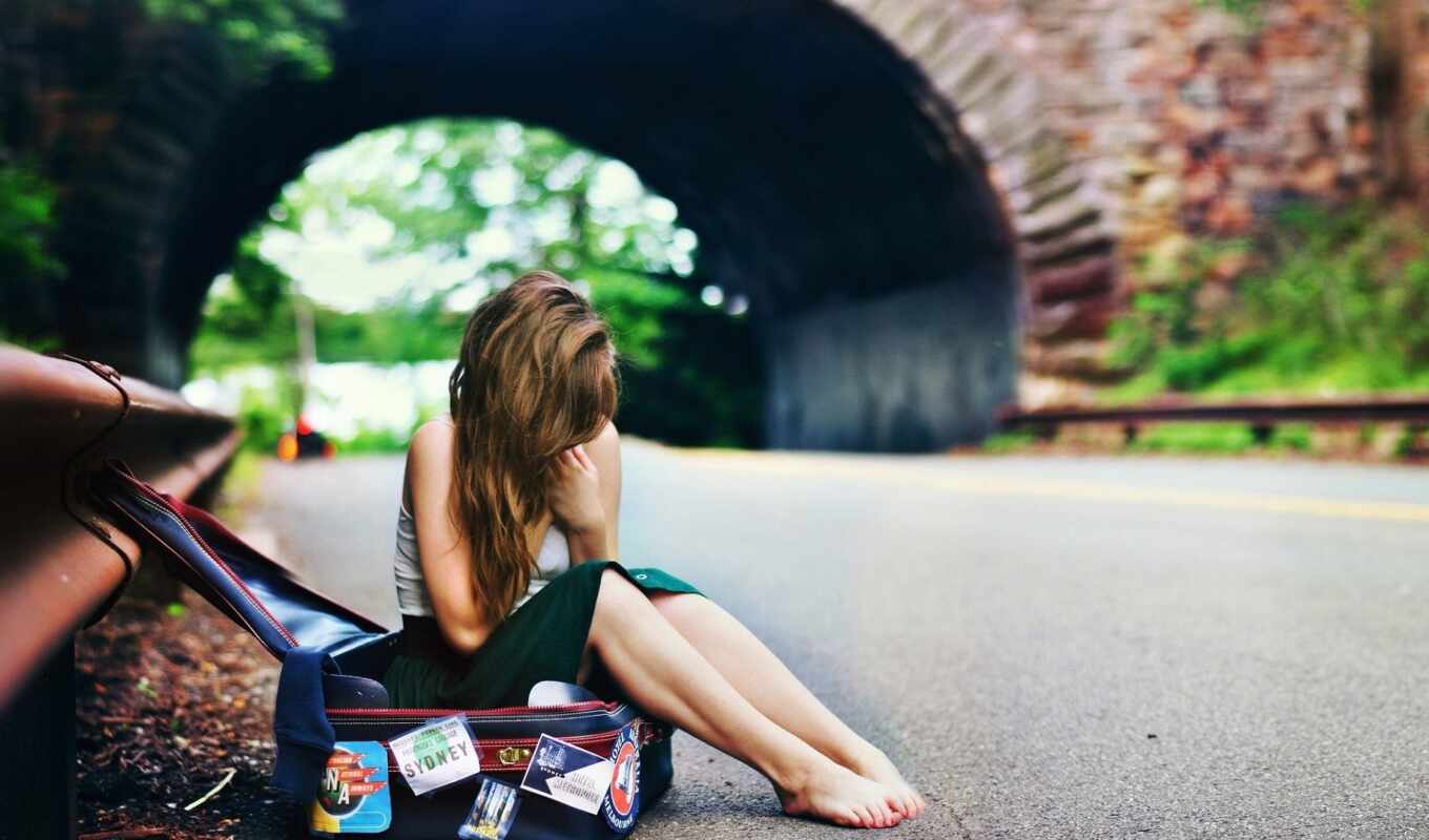 girl, suitcase, road, hair, arch, sit, expectation