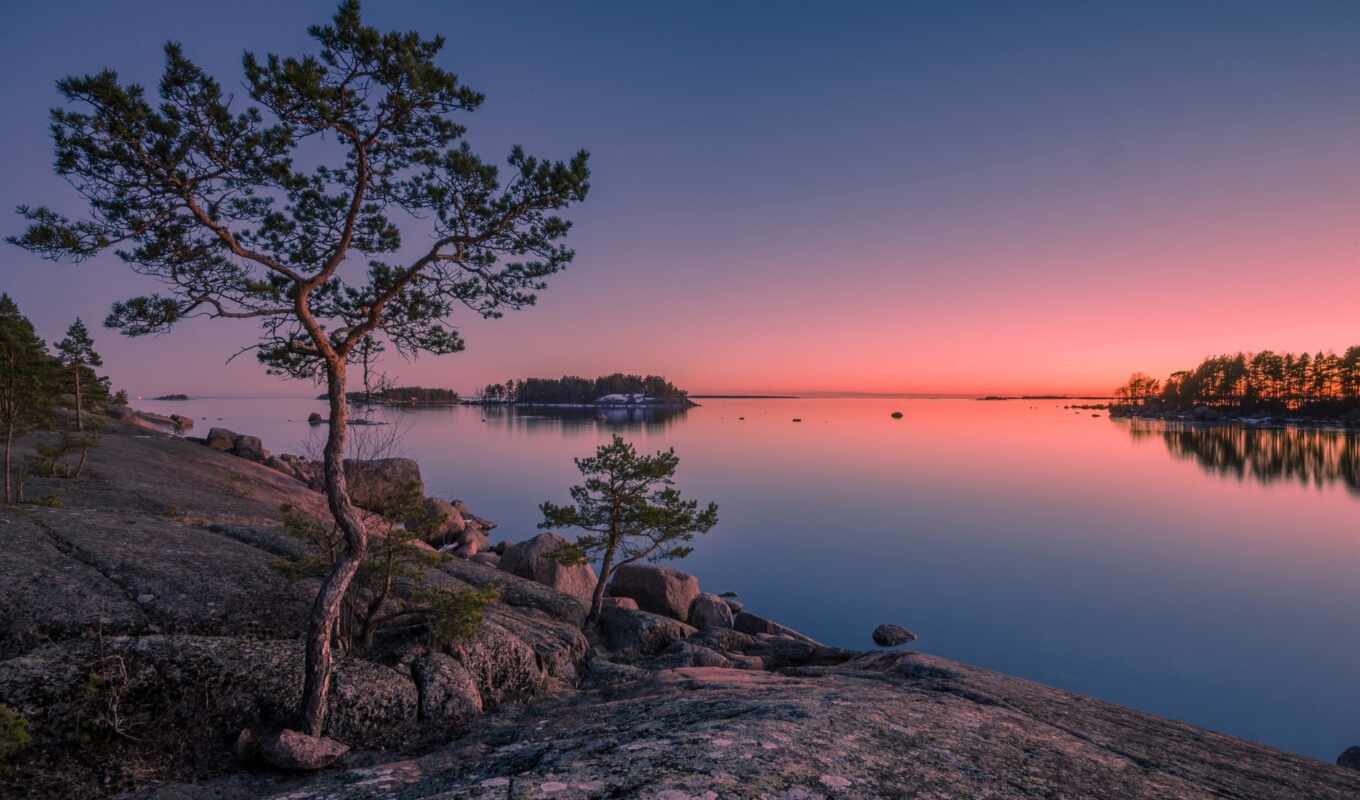 дерево, камень, закат, остров, pour, финляндия, финский