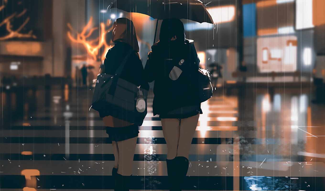 art, digital, rain, anime, anim, scenery, umbrella, Japan, bayonetta, rainy, baionetta
