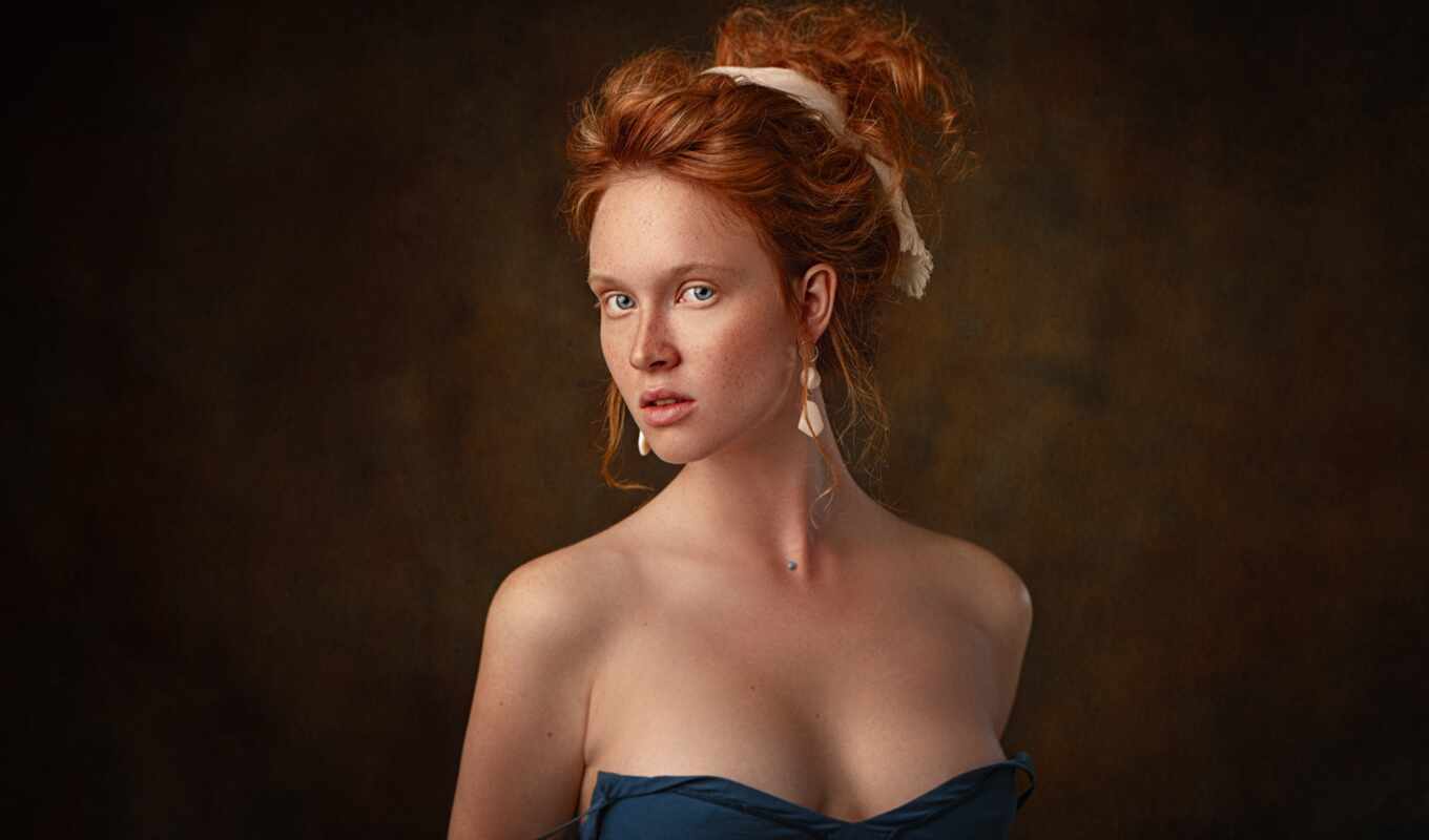 woman, eyes, model, portrait, indoors, redhead, stand