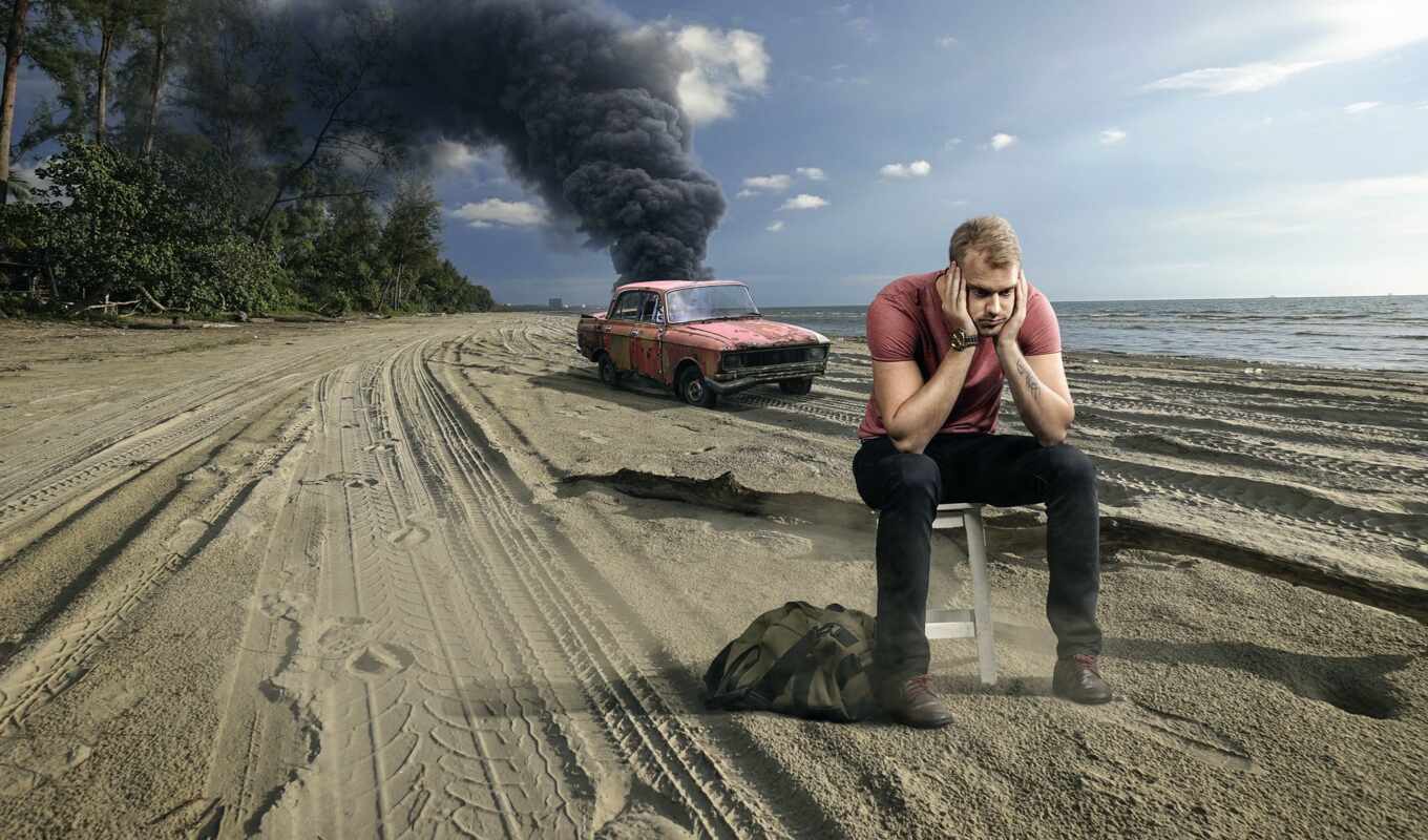 мужчина, дым, парень, пляж, car, авиакатастрофа, устройство