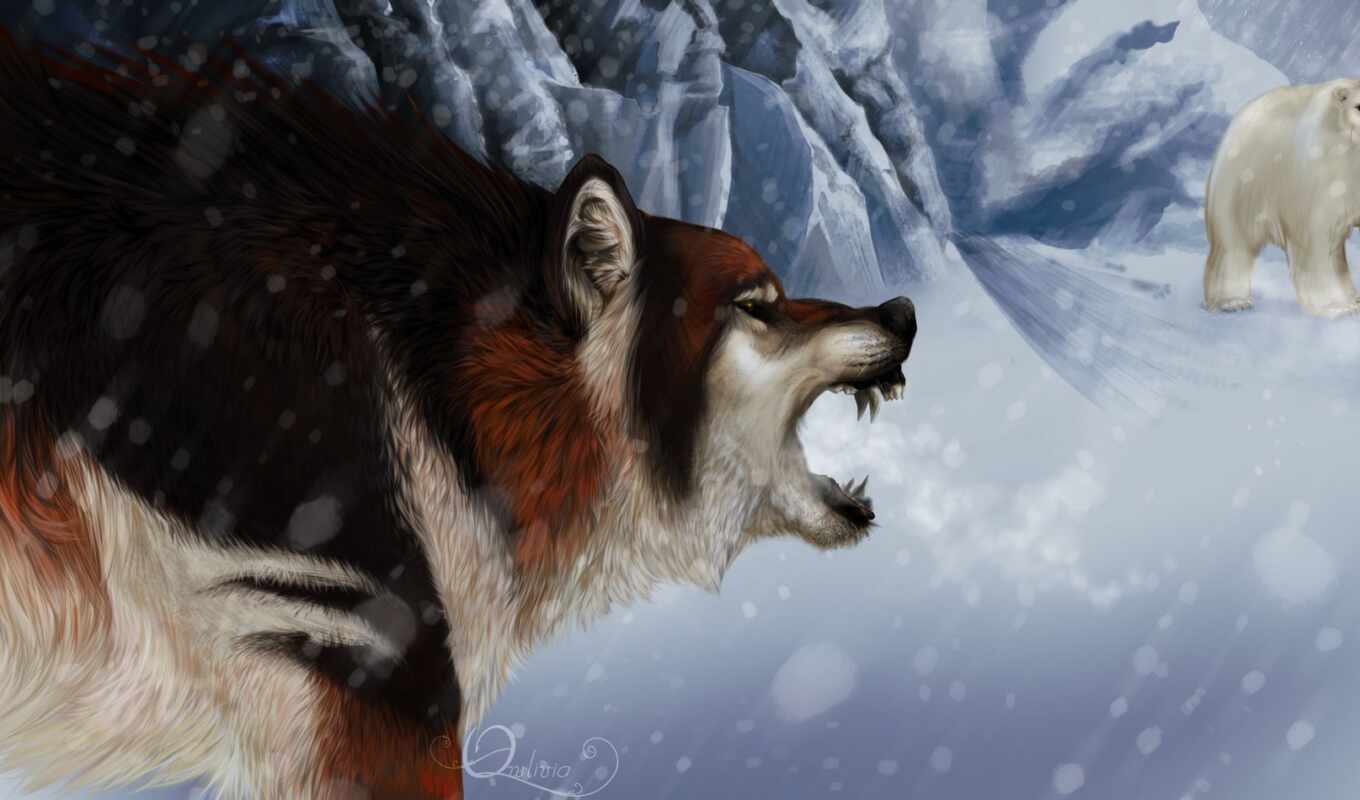 white, снег, winter, медведь, animal, волк, арт