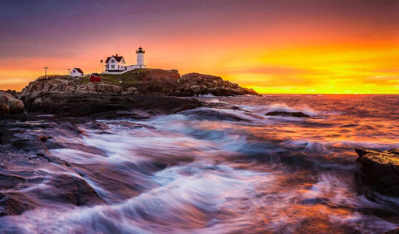 desktop, закат, landscape, море, lighthouse, камни