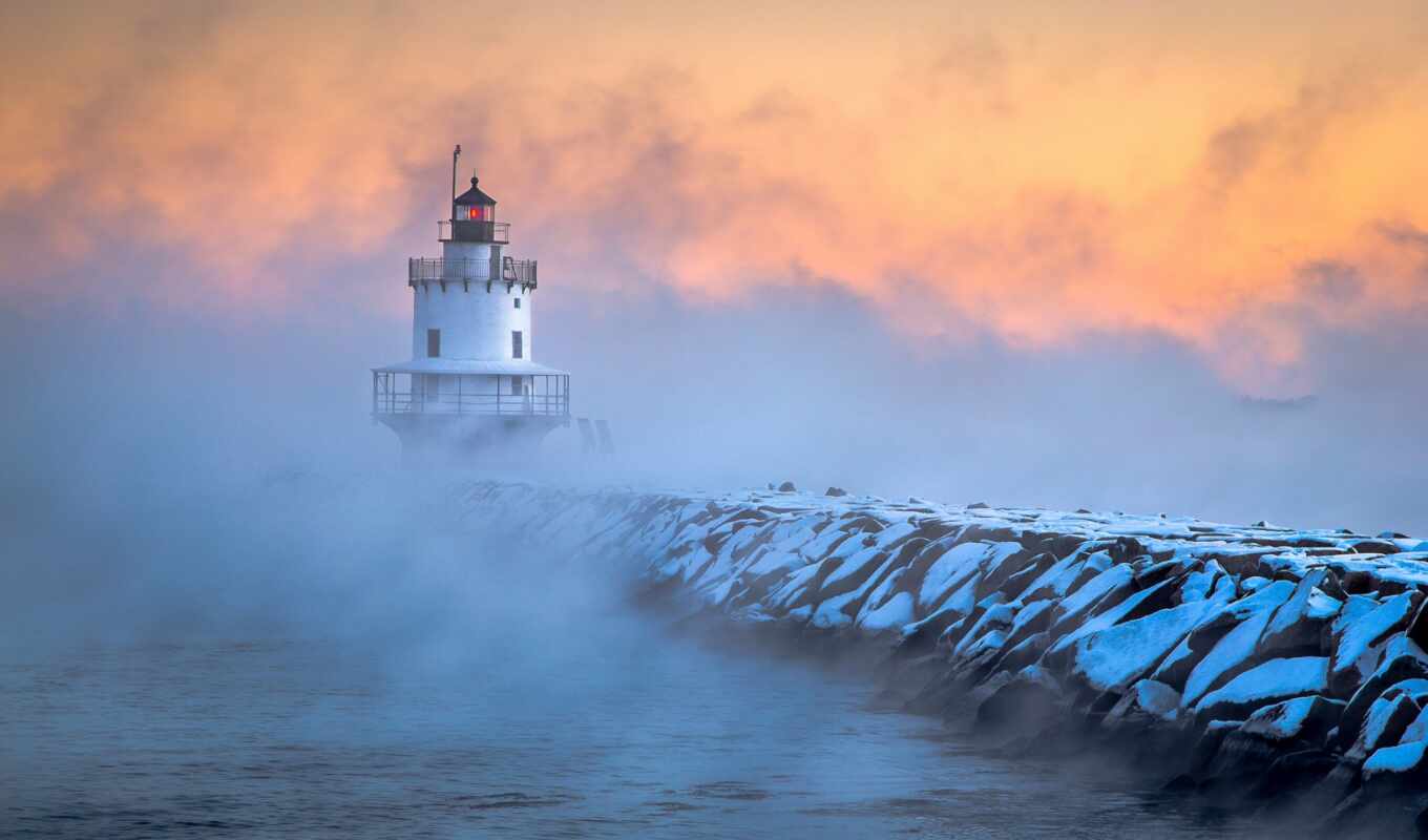 иней, рассвет, lighthouse, туман, south, мэн, portland