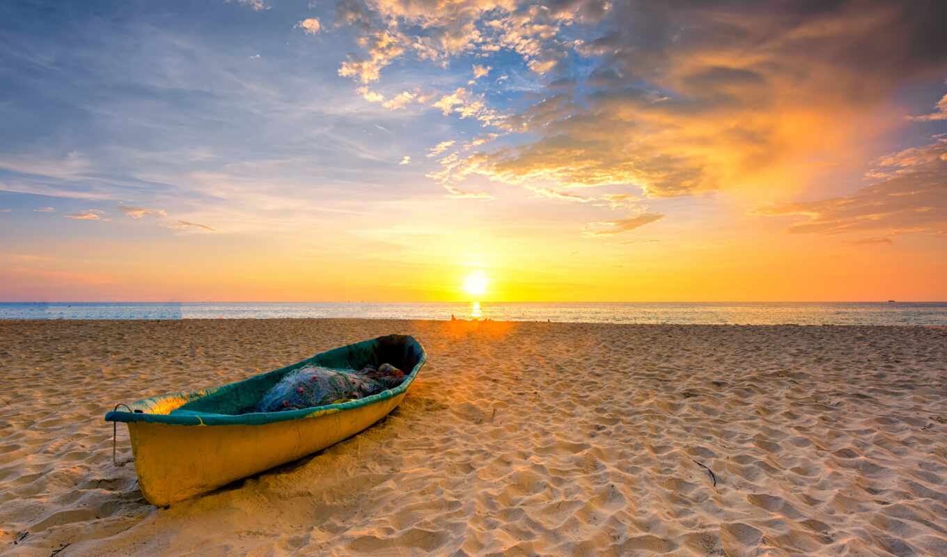 screen, sol, picture, sky, beach, nature, free, boat, amanecere