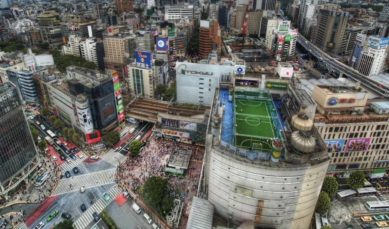 picture, at home, road, field, cities, japanese, megapolis, roofs, crowds, football, Tokyo