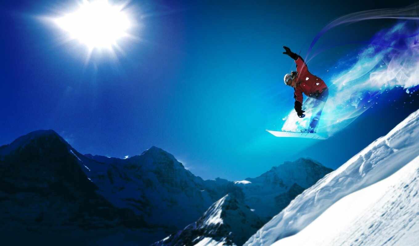 гора, спорт, прыжок, сноуборд, сноубордист