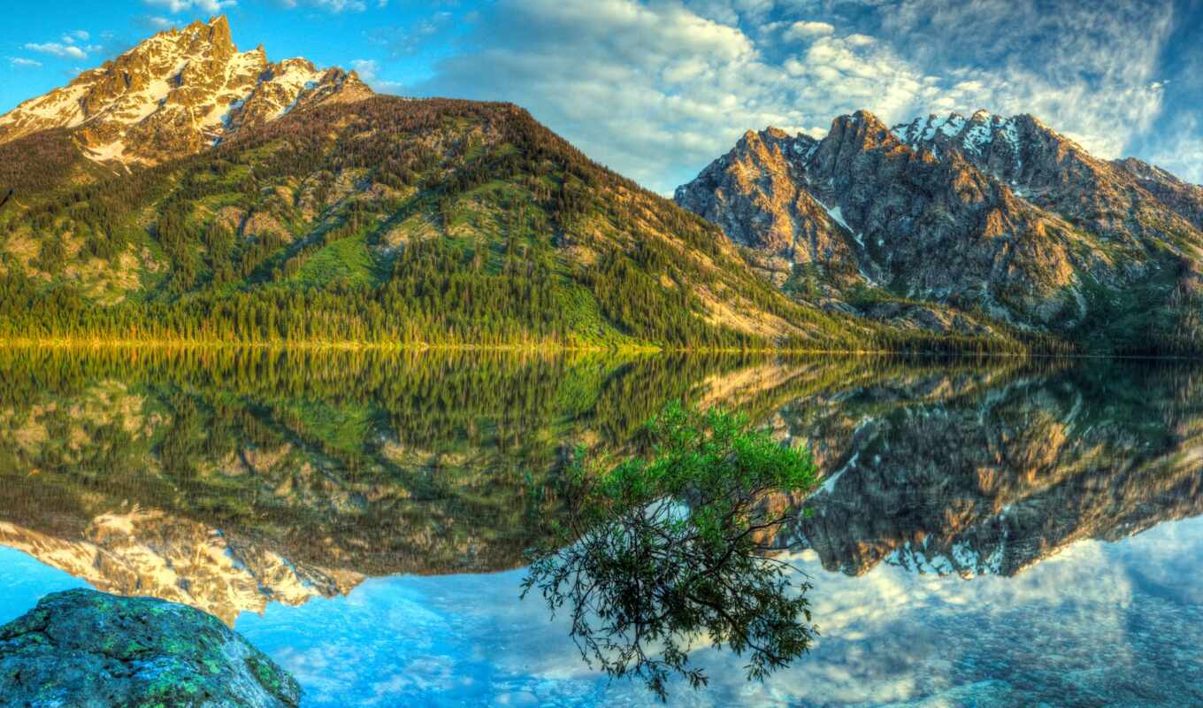 lake, sky, mirror, bright, reflection, bush, cloud, mountains