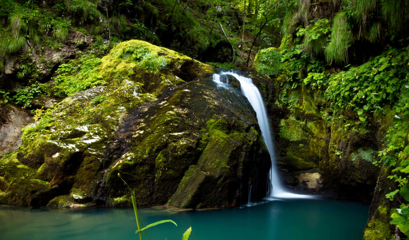 green, water, rock, big, moss, waterfall, small, creek