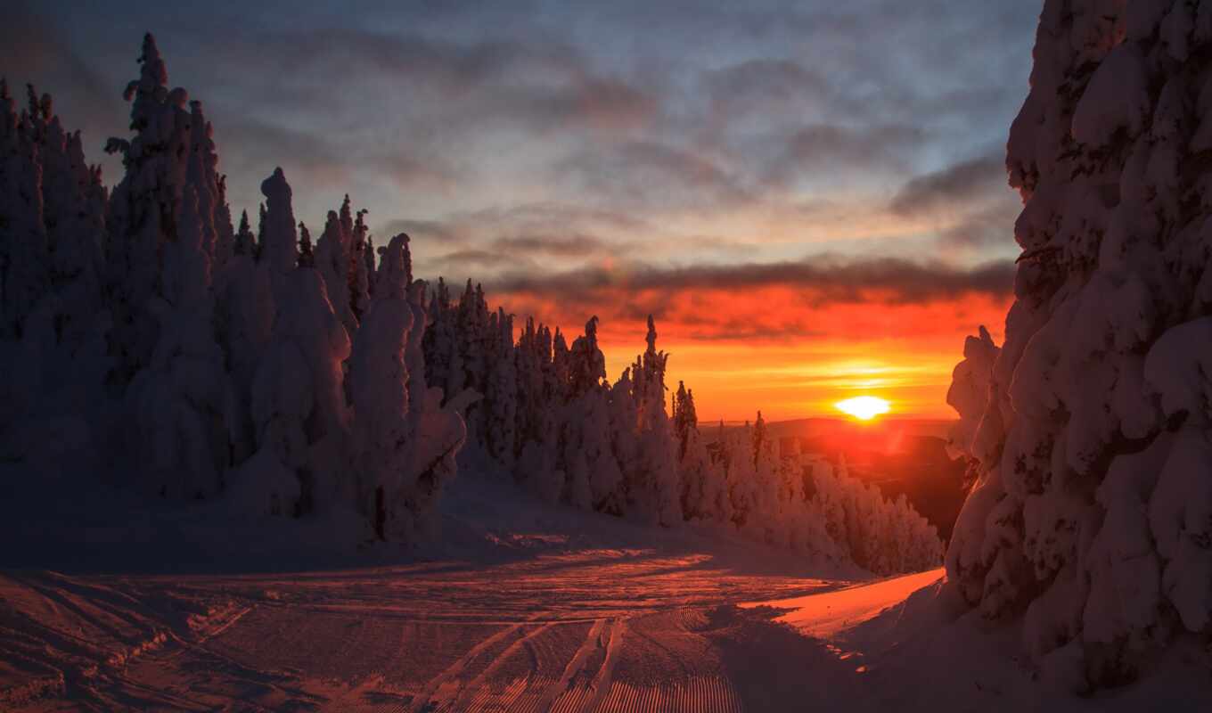 sunset, winter, landscape, snowy, slope, fore