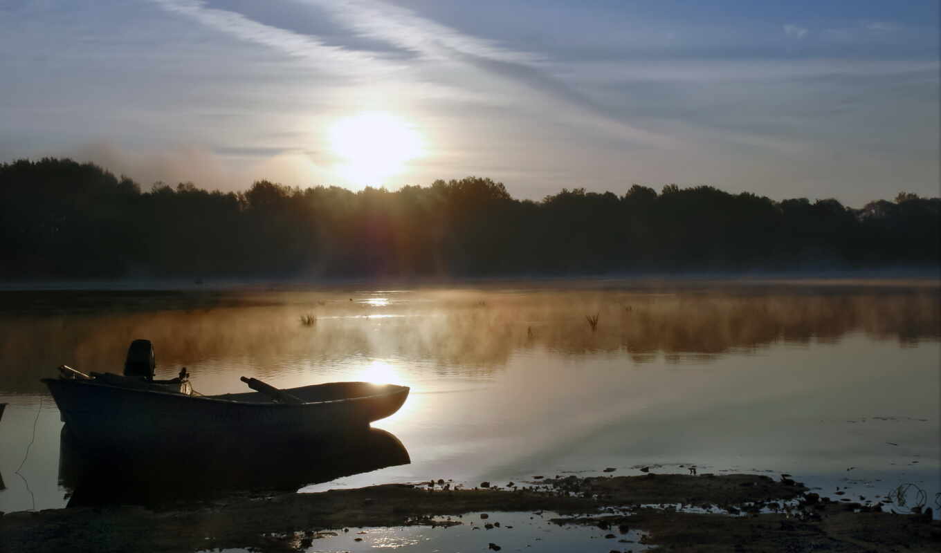 lake, nature, landscapes-, beautiful, morning, fap, fog, a boat, victories, favourite