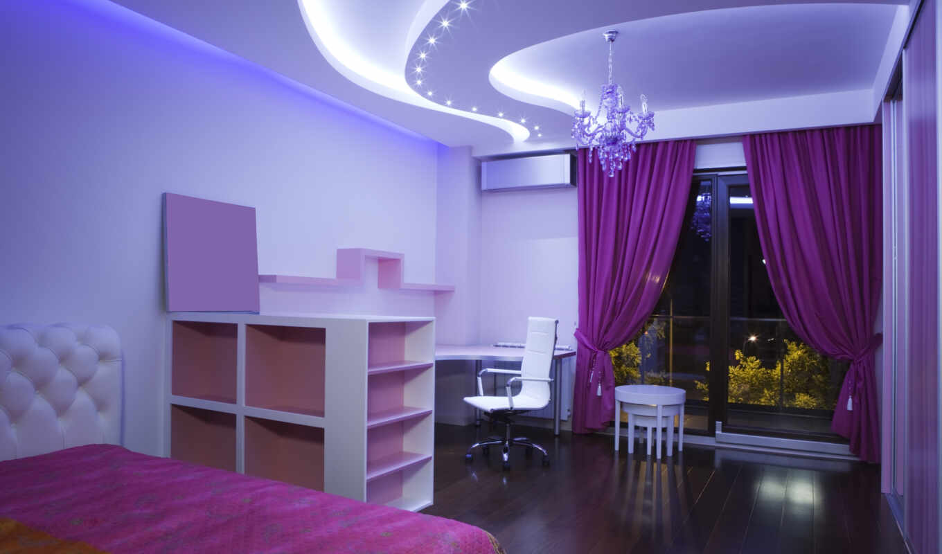 комната, окно, purple, design, кресло, постель, потолки, bedroom, geometric, шторы, люстра, натяжные, потолка