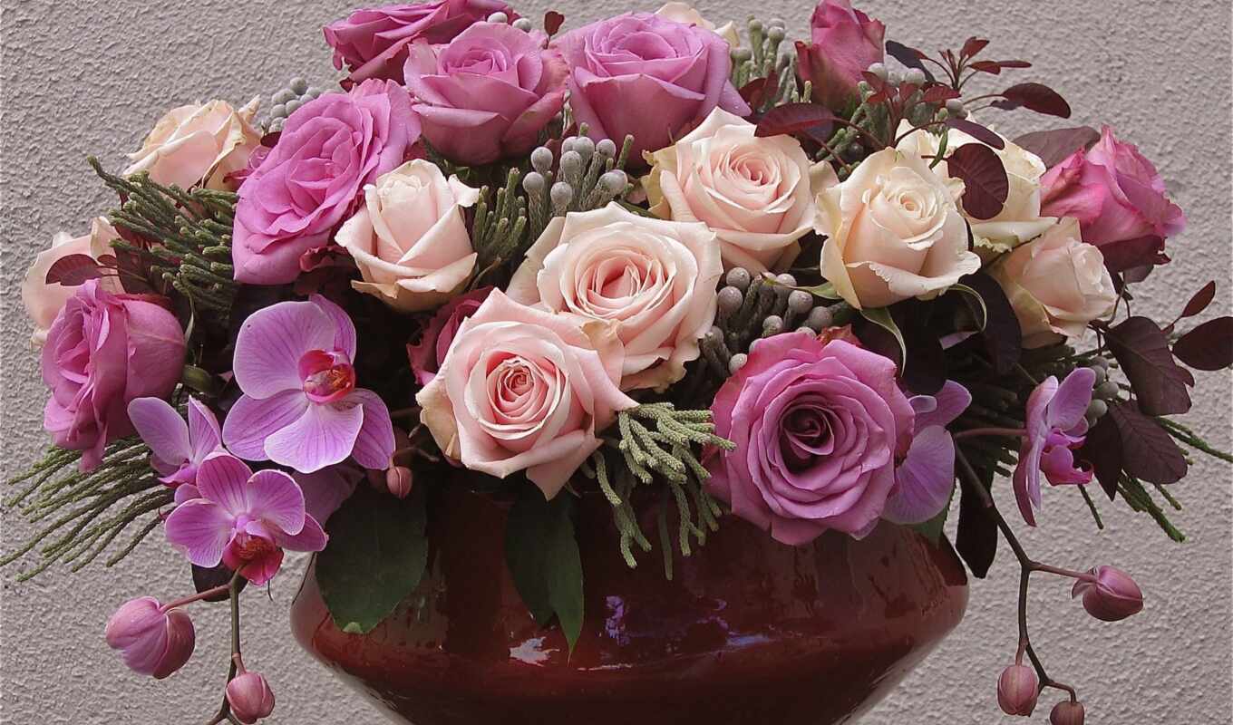 flowers, purple, roses, orchids, vase
