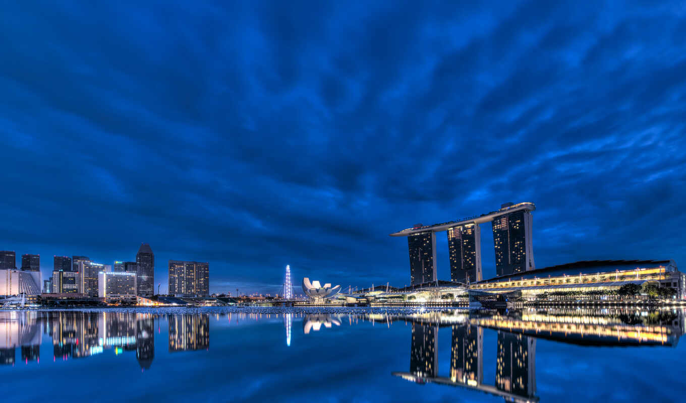 небо, blue, город, ночь, architecture, огни, gardens, bay, singapore, skyscrapers