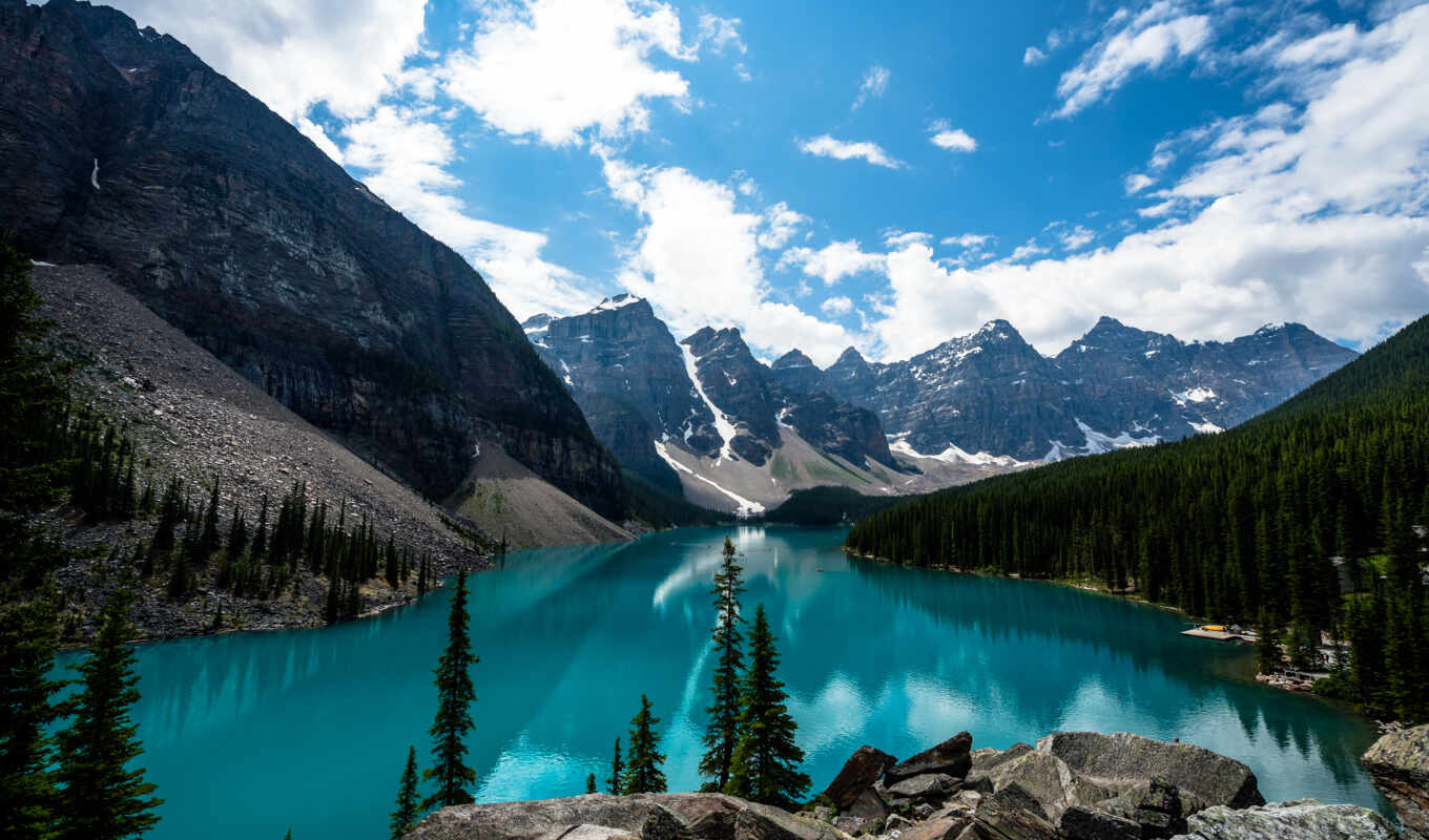 lake, nature, sky, forest, Canada, clouds, moraine, canadian, mountains