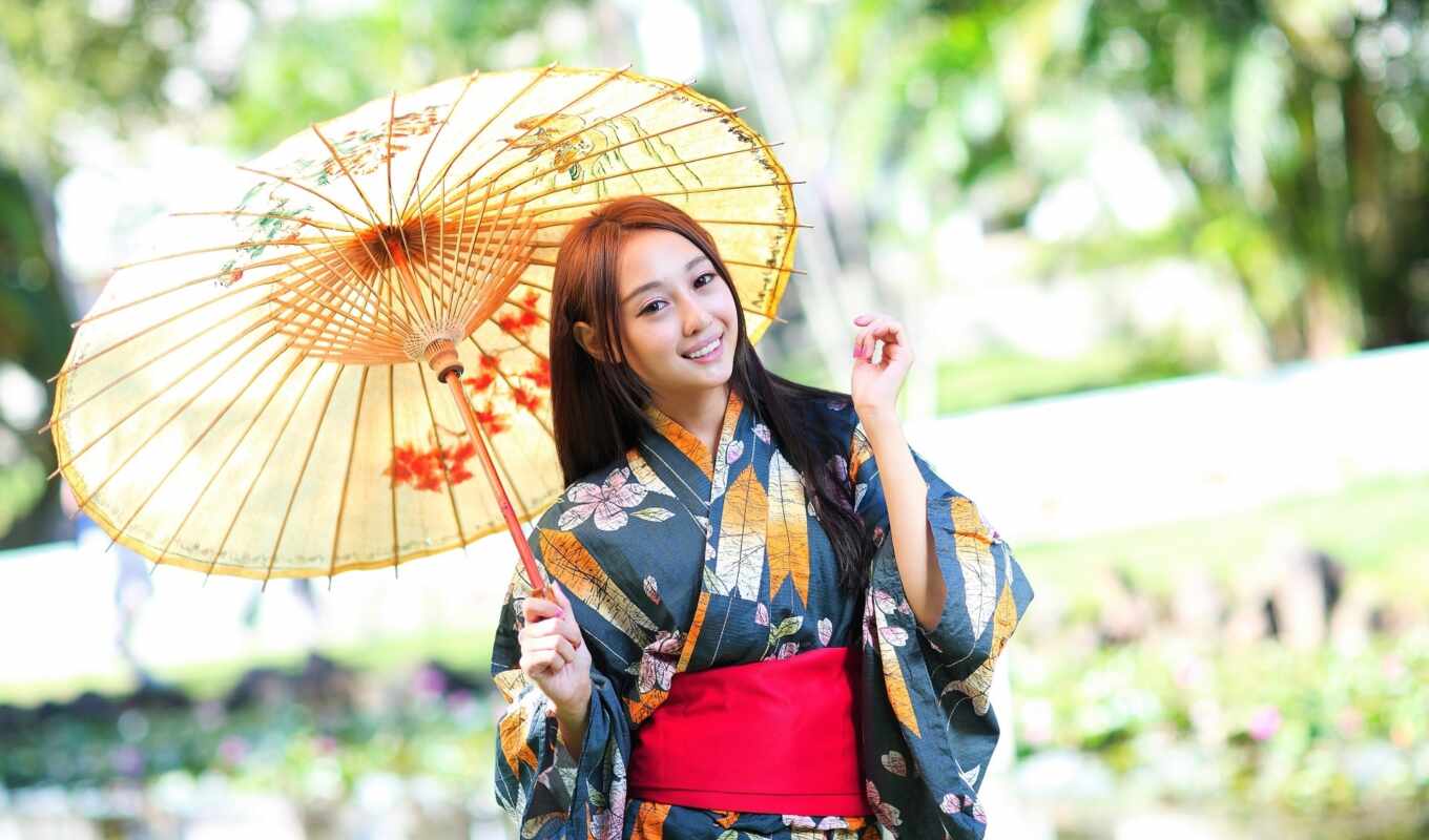 девушка, japanese, японская, зонтик, кимоно, блики