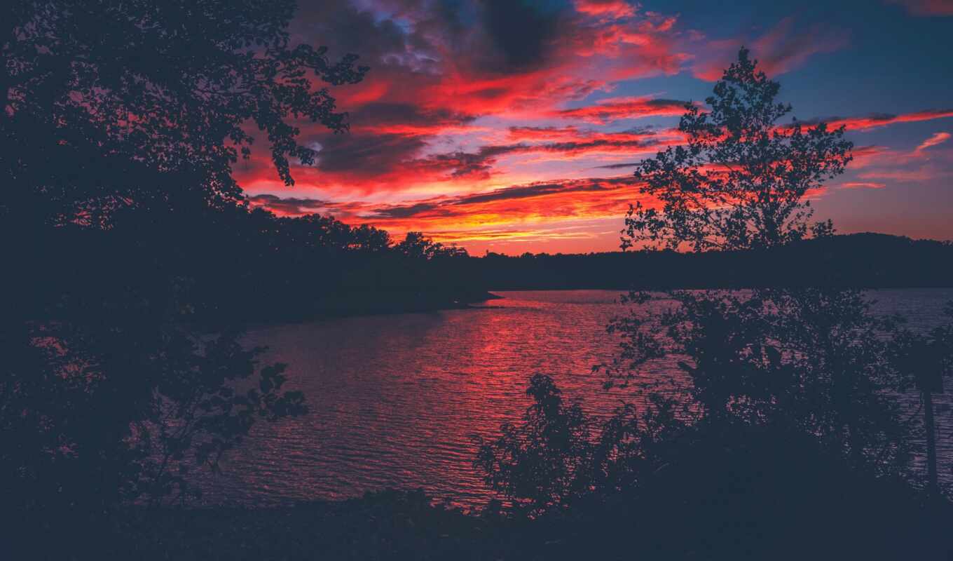 lake, sky, sunset, landscape, crimson, lazyshau